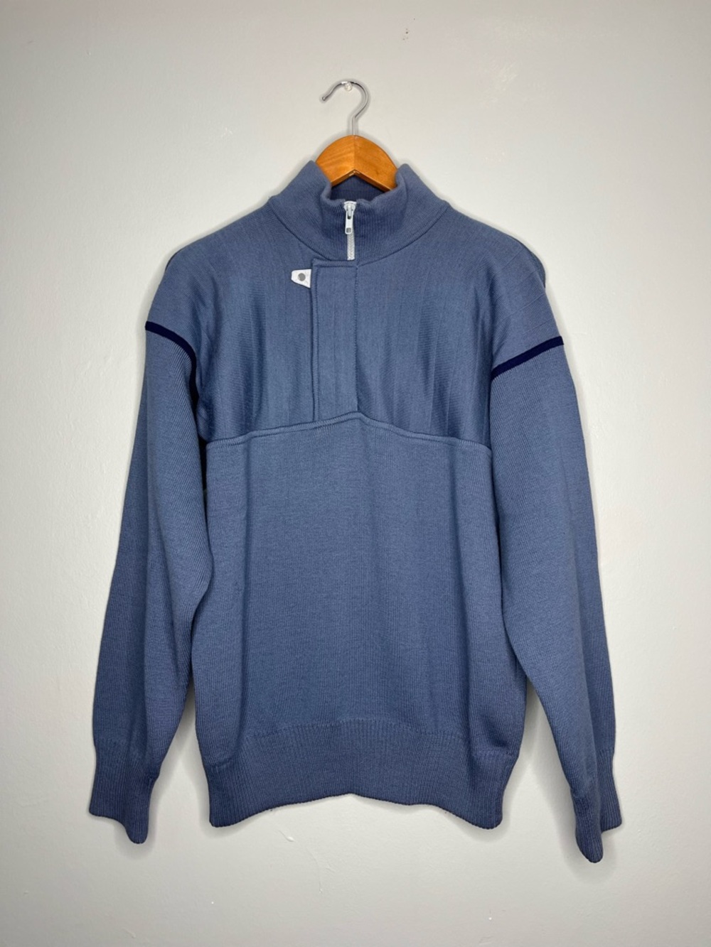 Obermeyer Tyson Asymmetrical 1/4 Zip Mock Neck Sweater Slate Blue Wool Sweater